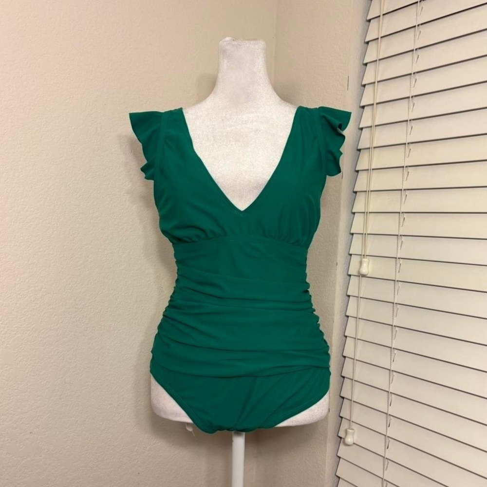 Ellen Tracy size 12 green ruched slimming vneck one piece swimsuit ruffle sleeve